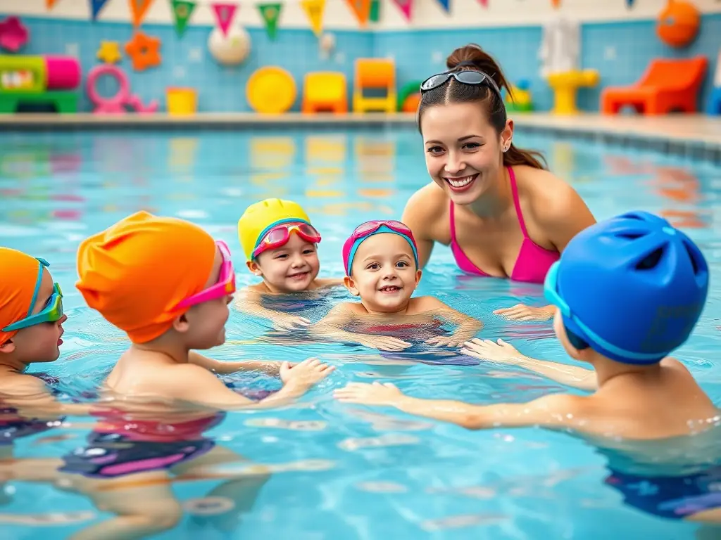 A dynamic image showcasing children learning to swim with qualified instructors in a safe and supportive pool environment, emphasizing skill development and fun.