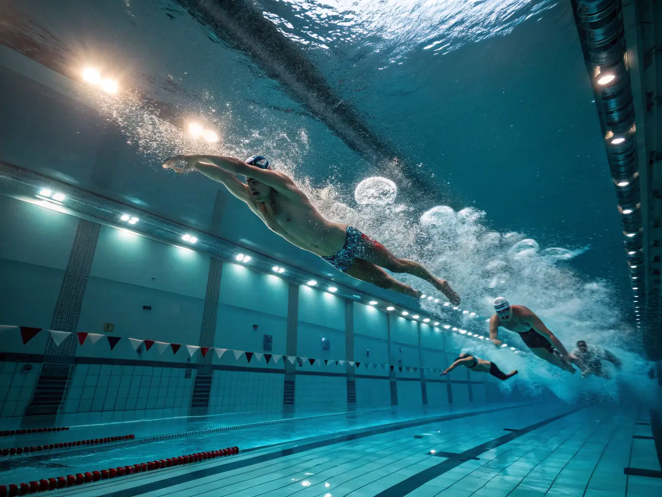 An action shot of competitive swimmers participating in a race, demonstrating the intensity and skill involved in advanced swimming training.