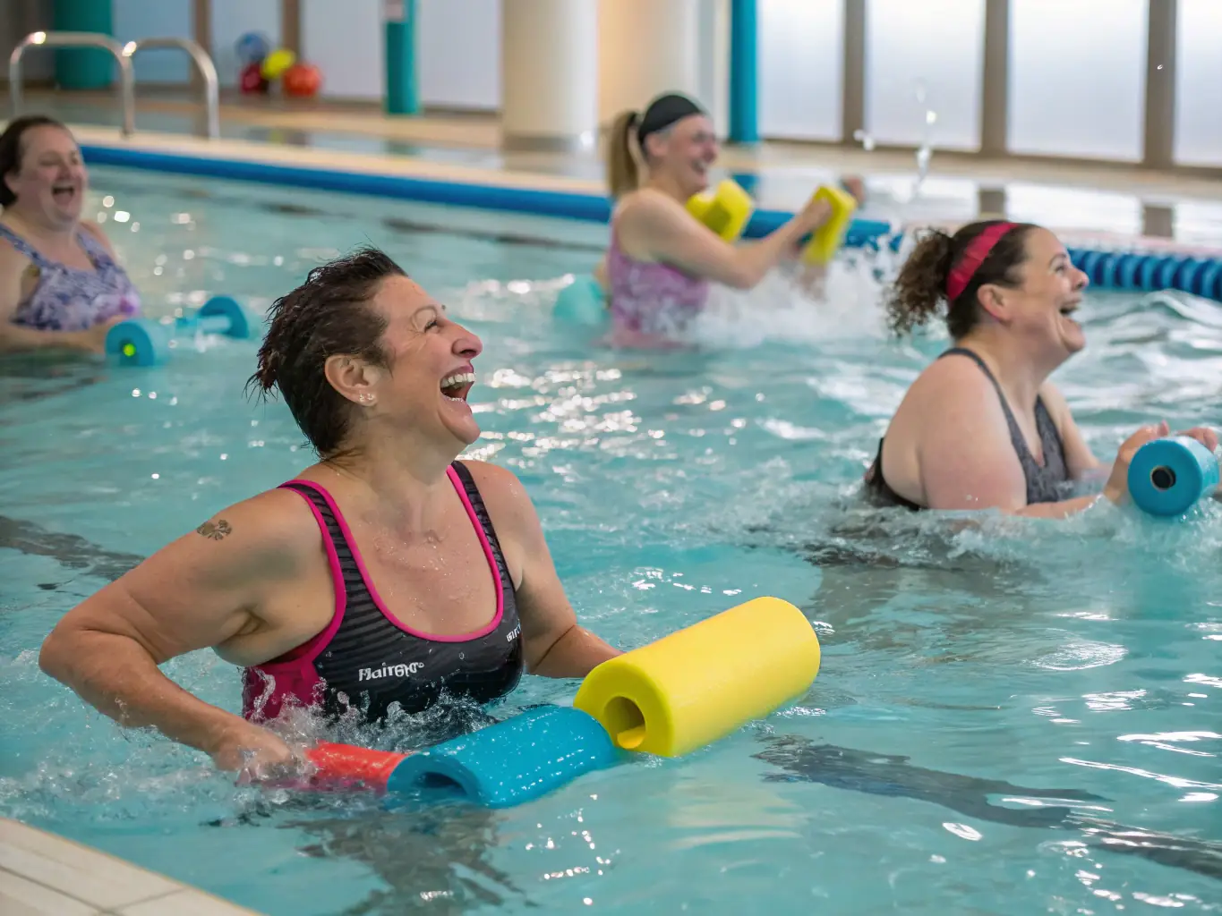 A group of adults participating in a water aerobics class, highlighting the social and health benefits of aquatic fitness activities.